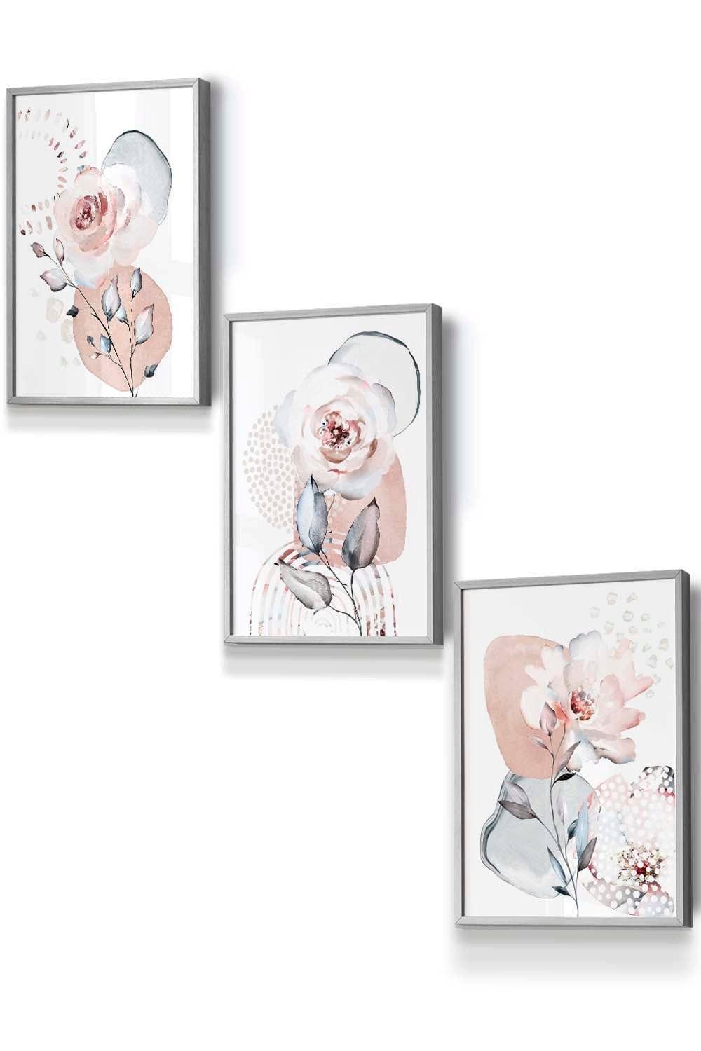 Set of 3 Light Grey Framed Abstract Blush Pink Botanical Wall Art